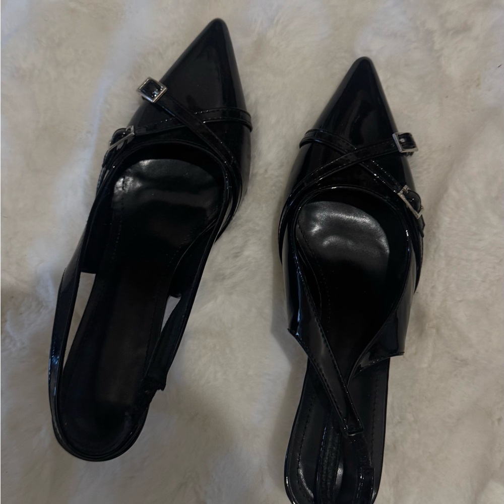 Black Patent Pointed-Toe Slingback Heels